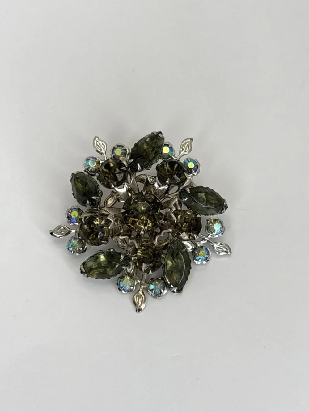 Vintage Mid Century Silver Tone Smoky AB Rhinestones Floral Sunburst Brooch Pin
